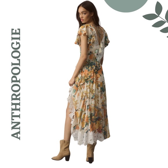 Anthropologie Floral Ruffle Maxi Hi Low Dress - V Neck Lined Romantic Size 20W - Picture 2 of 13